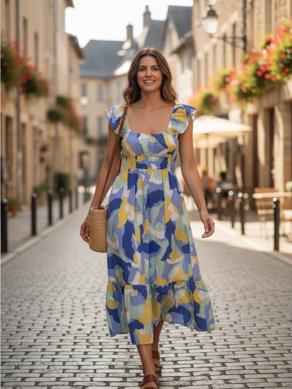 Nine West Blue & Yellow Abstract-Print Midi Dress